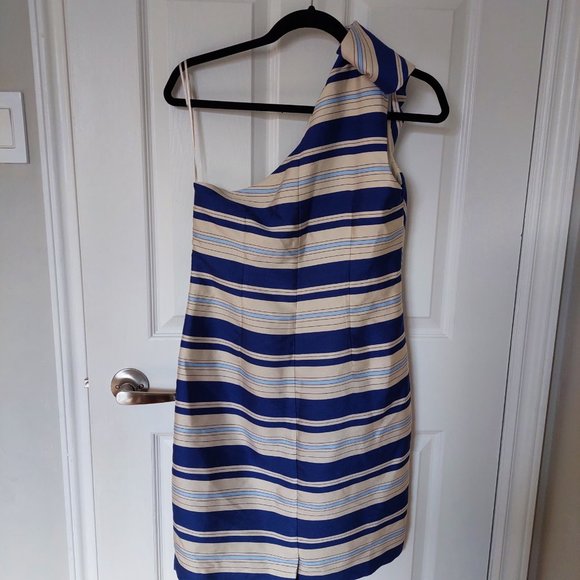 New Banana Republic  fitted Sheath Dress blue Stripe One-Shoulder Bow Size 4 - Picture 4 of 10